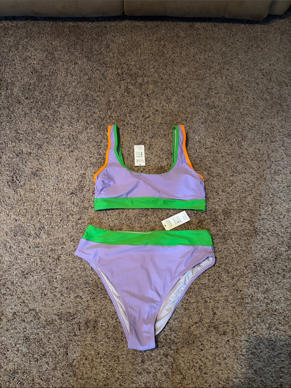 NWT Cupshe Two-Piece Bikini Lavender Orange Green Swim Set L